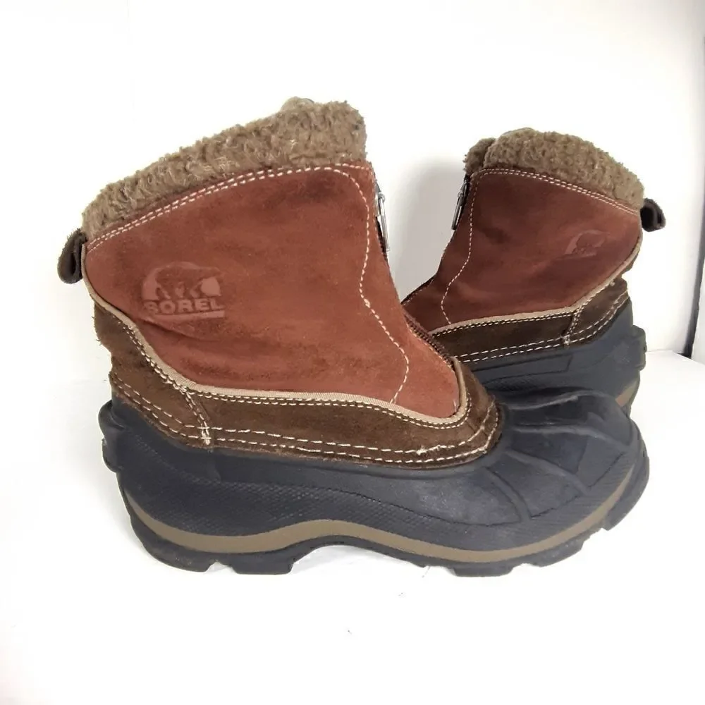 Sorel Women's Powder Edge Suede Brown Front Zip Insulated Snow Boots Size 6